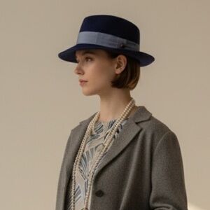 vintage wool felt blue small brim fedora featuring a gray band pork pie hat size